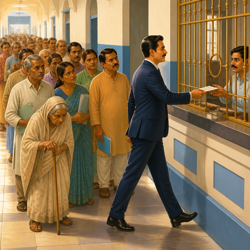 A well-dressed man in a suit hands a form across the brass-grille clerk's window while the long hospital queue waits behind him.
