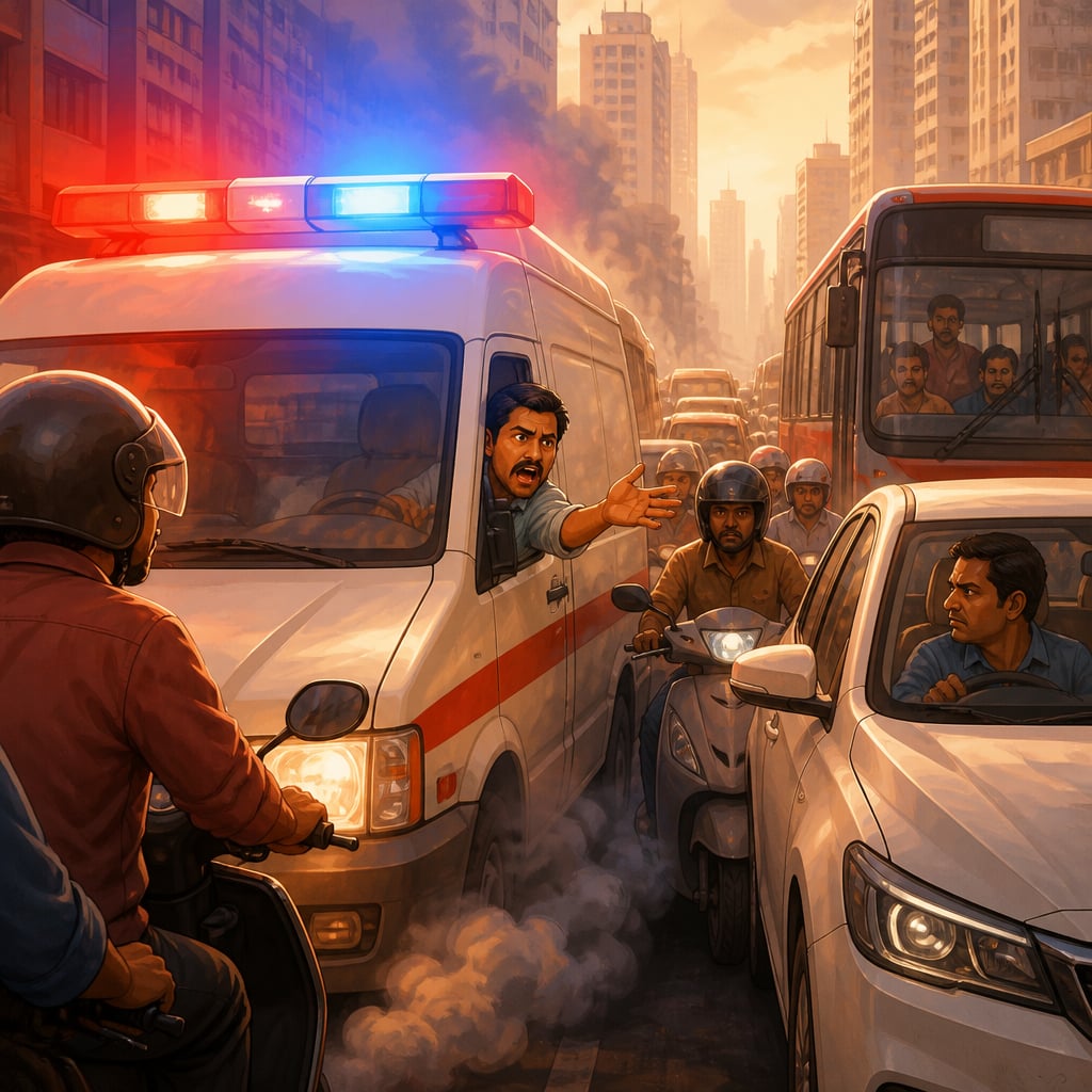 A white sedan refuses to inch left as an ambulance with flashing lights sits trapped in dense Mumbai rush-hour traffic.