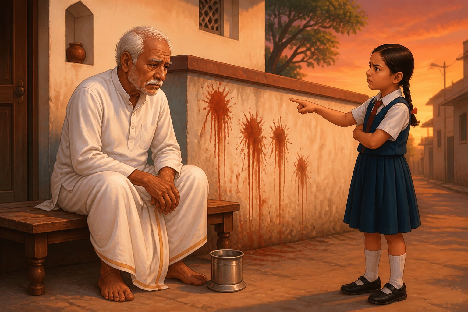 Grandfather facing his granddaughter about paan stains