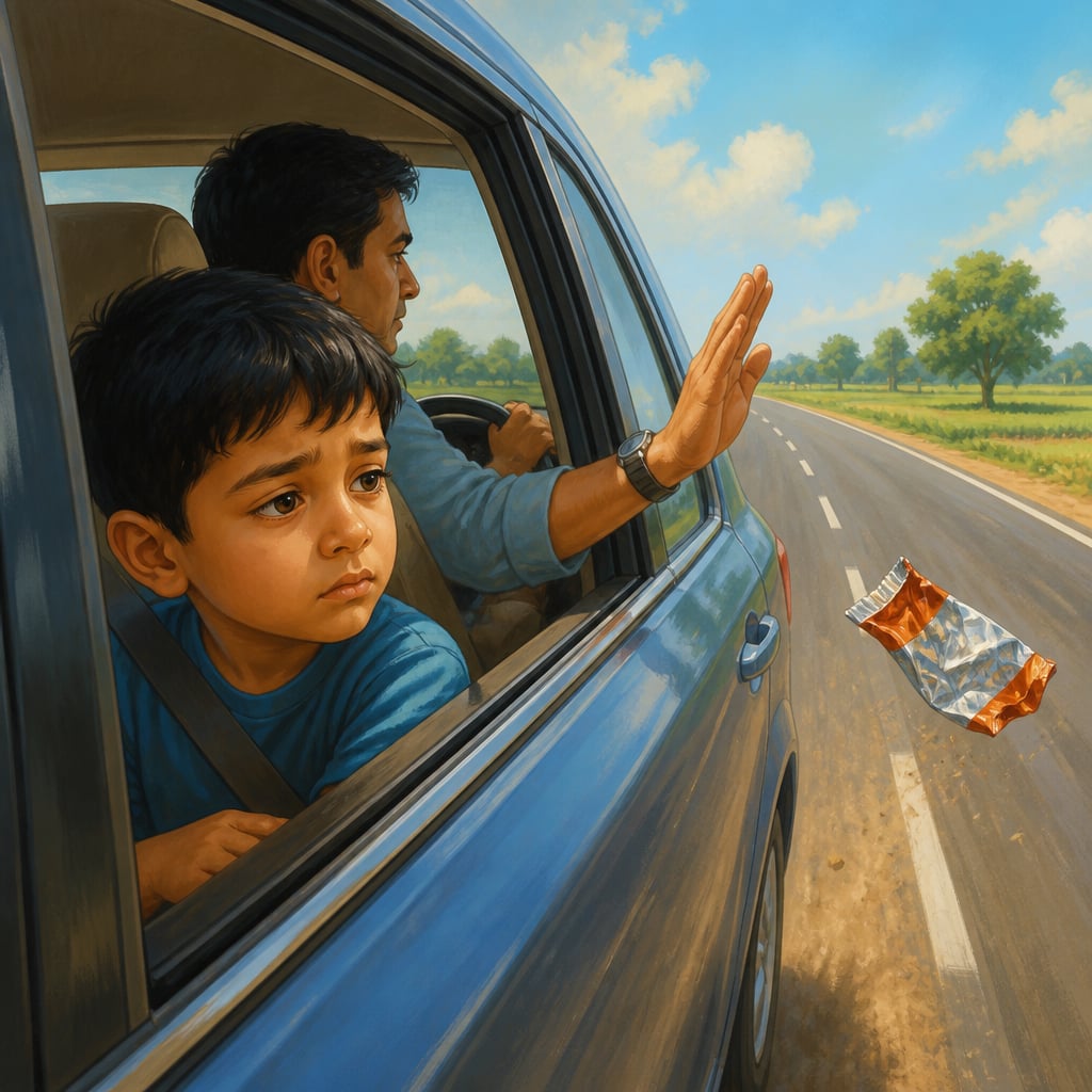A young boy watches a candy wrapper flutter out of a moving car window onto the highway behind.