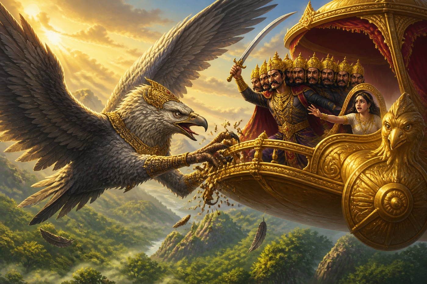 Jatayu the vulture-king attacking Ravana's chariot to rescue Sita