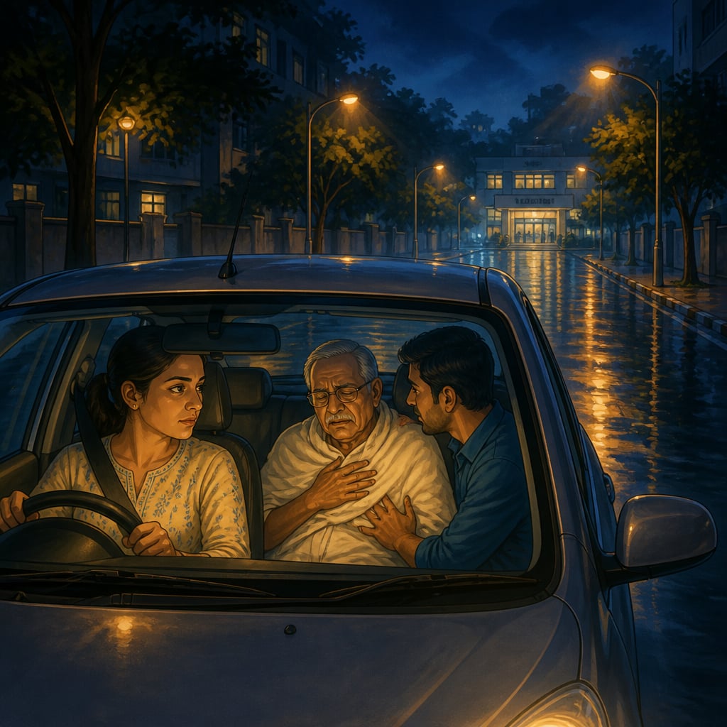 Meera driving elderly neighbor Mr. Sharma to a Bangalore hospital at 2 AM