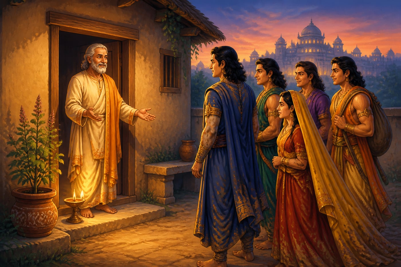 Vidura welcoming the exiled Pandavas to his modest Hastinapura home