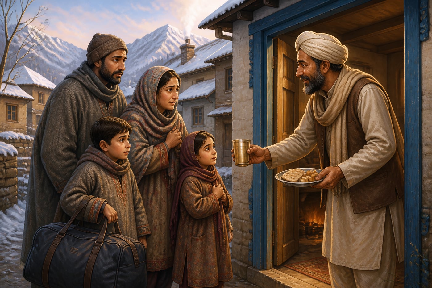 A Kashmiri Pandit family welcomed at a Jammu villager's doorway in January 1990