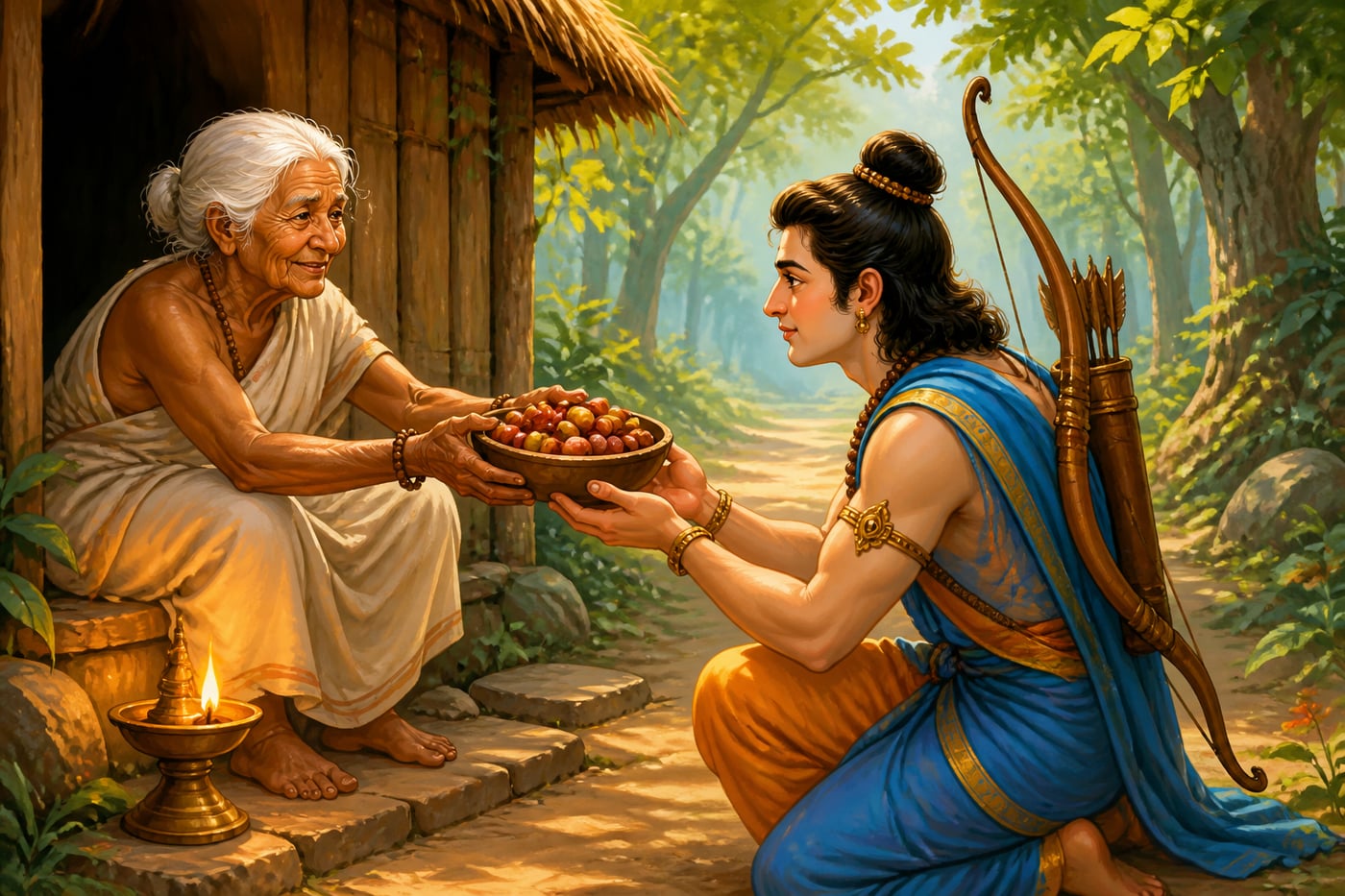 Aged Shabari offering pre-tasted berries to a young Rama at her forest hut