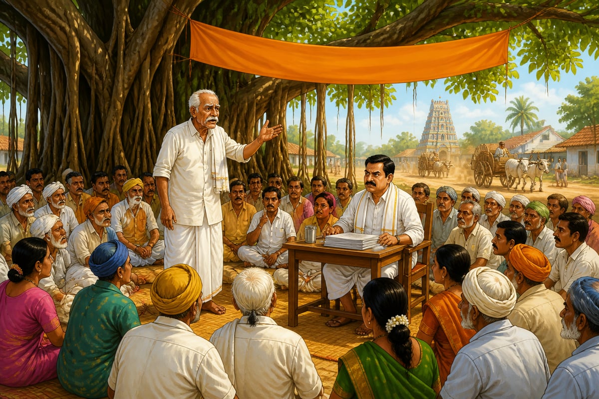 Elder Ramanna standing under a banyan to challenge a Gram Sabha proposal