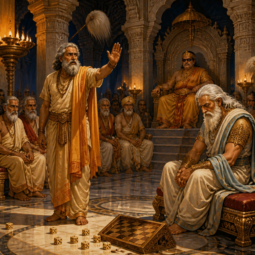 Vidura standing alone in protest in the Kaurava sabha as Bhishma sits in silence