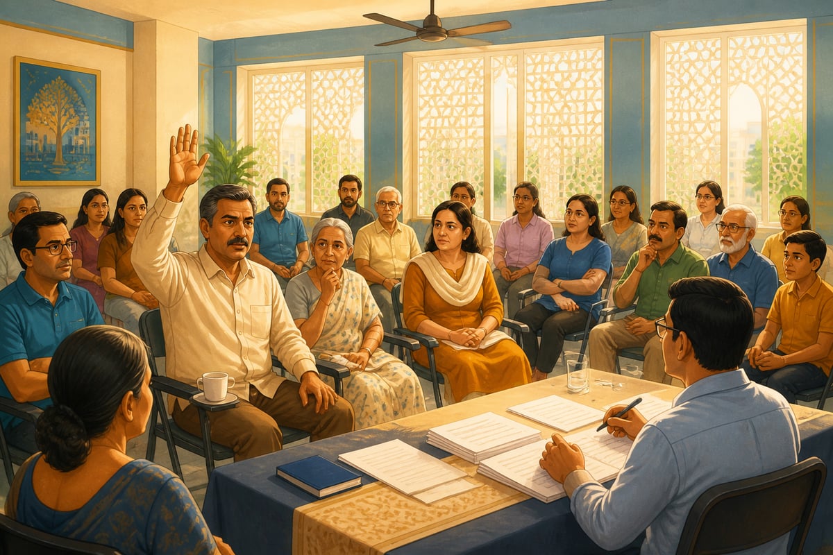 Suresh raising his hand to break the silence at an apartment RWA meeting