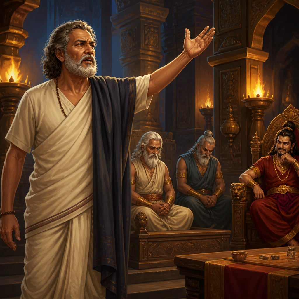 Vidura standing in protest at the Hastinapura sabha during the dice game