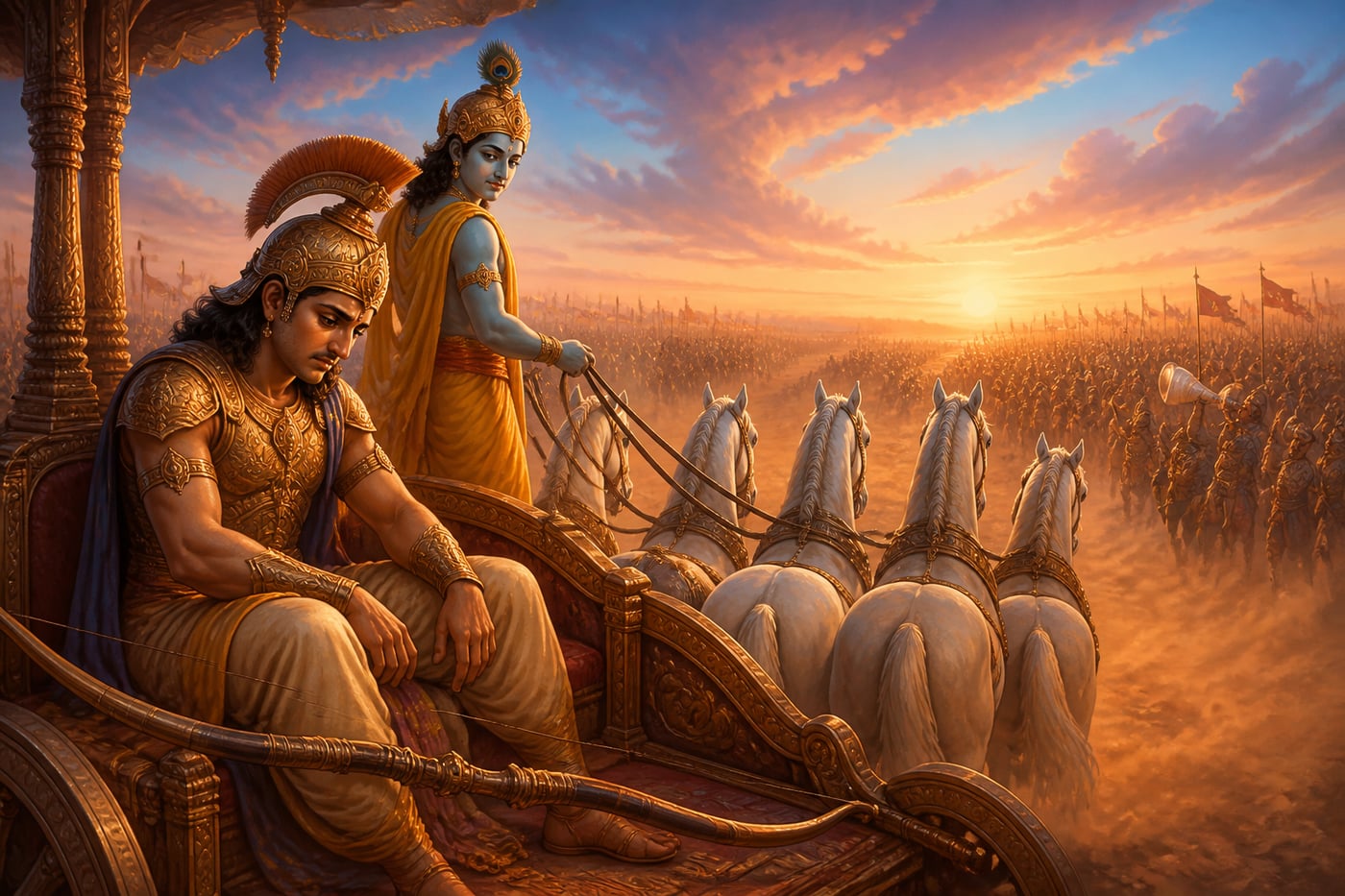 Arjuna paralyzed by doubt on his chariot at Kurukshetra