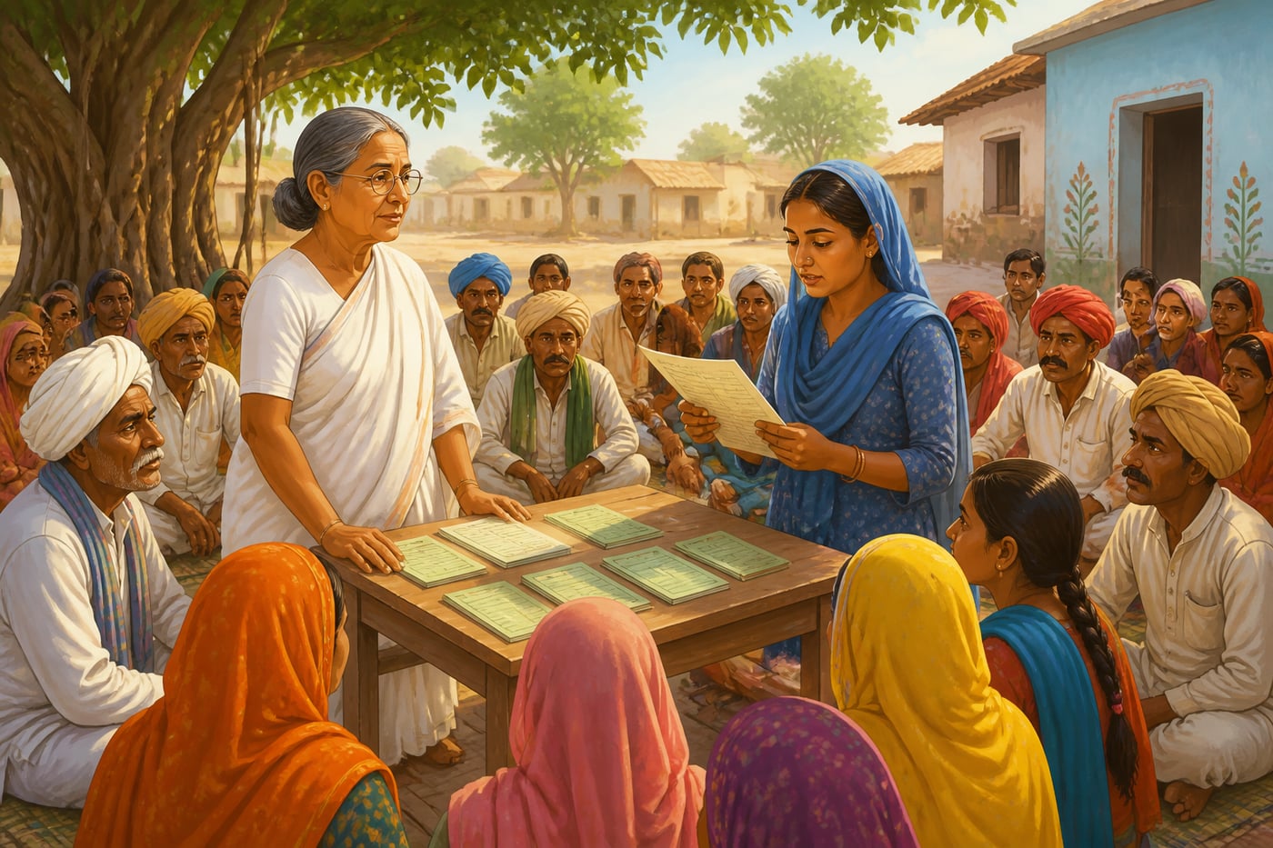 Aruna Roy presiding over an MKSS jan sunwai in rural Rajasthan