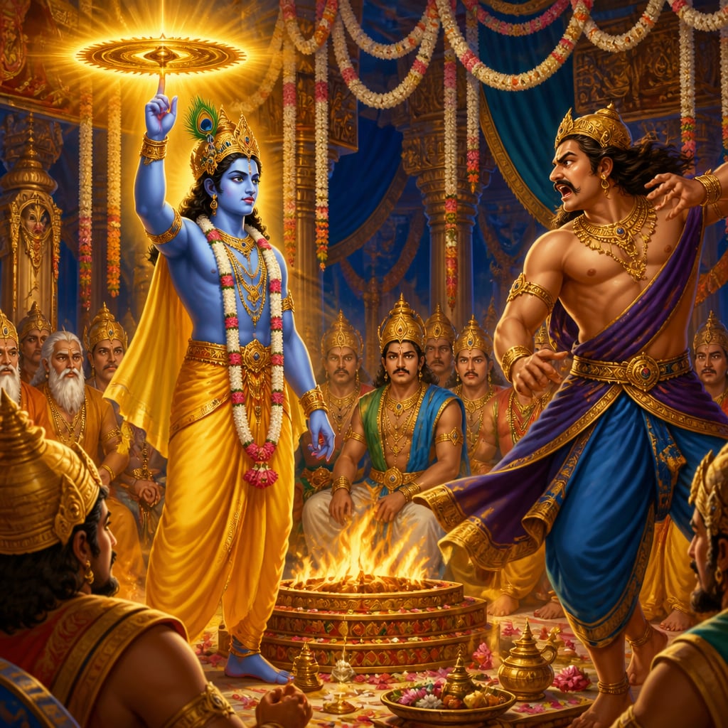 Krishna releasing the Sudarshana Chakra at Shishupala in the Rajasuya court
