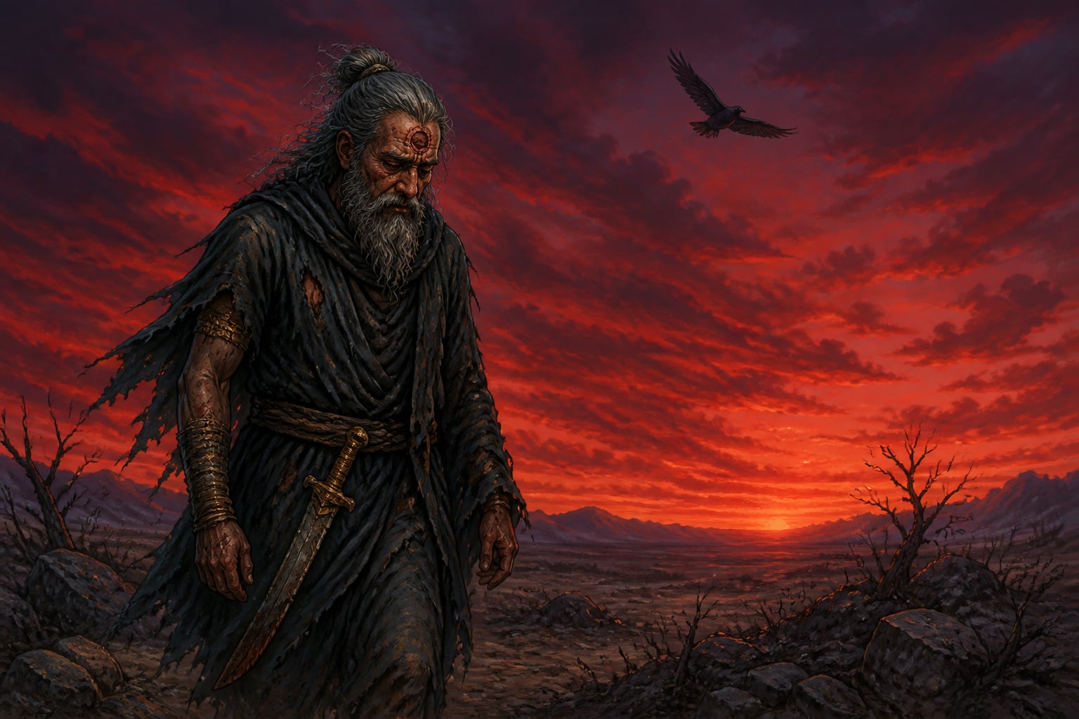 Ashwatthama wandering cursed across a stark windswept plain