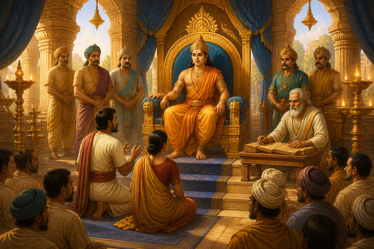 Yudhishthira presiding over a formal court in restored Hastinapura
