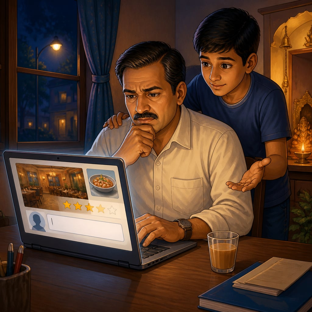 Arun at his laptop late at night, cursor blinking in an empty fake-review draft, his nephew leaning over his shoulder.