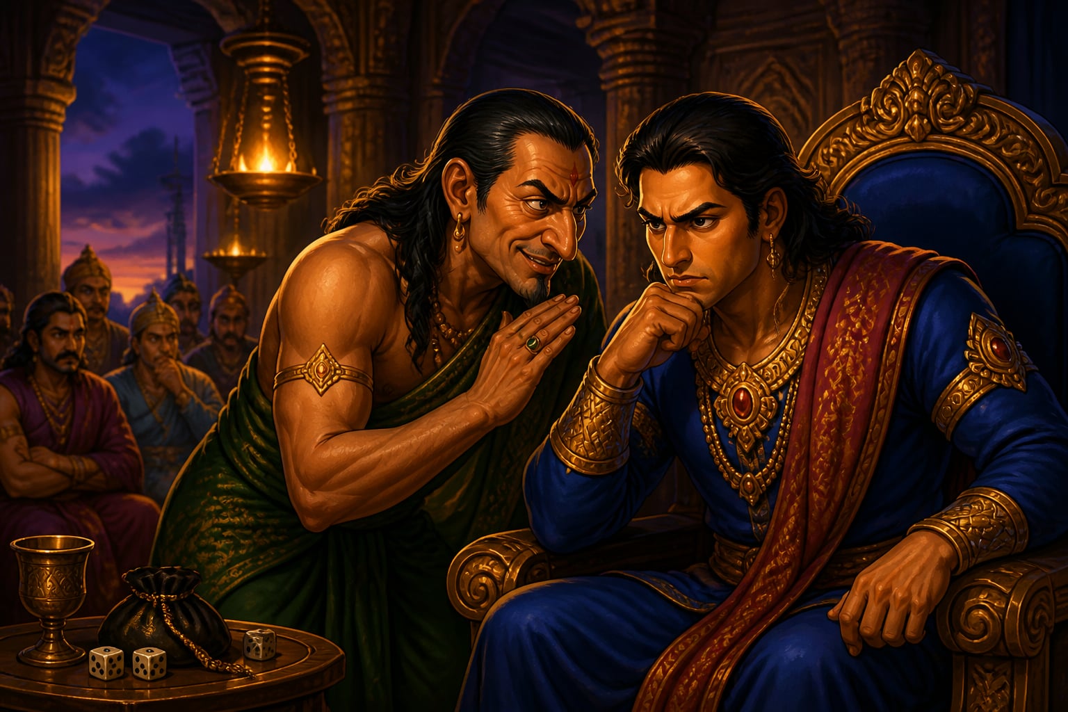 Shakuni whispers calibrated misinformation to Duryodhana at Hastinapura