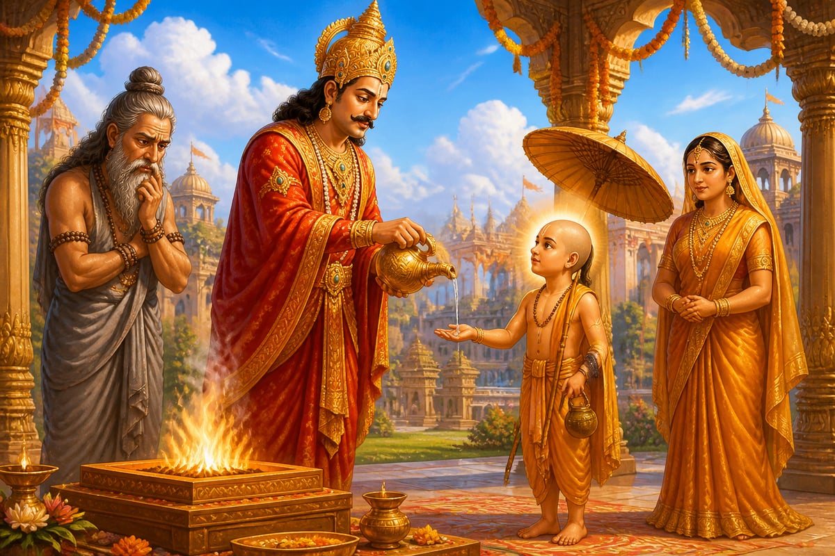 King Bali pours water giving Vamana three steps of his kingdom