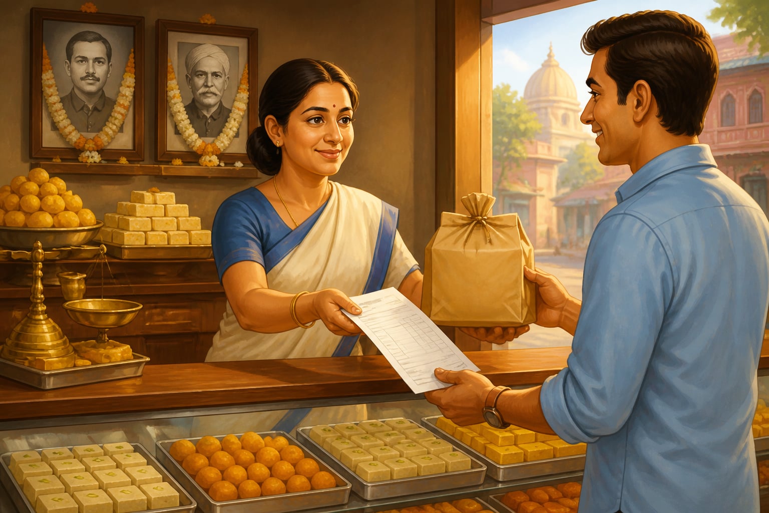 Sunita hands her customer a full GST invoice at her family sweet shop