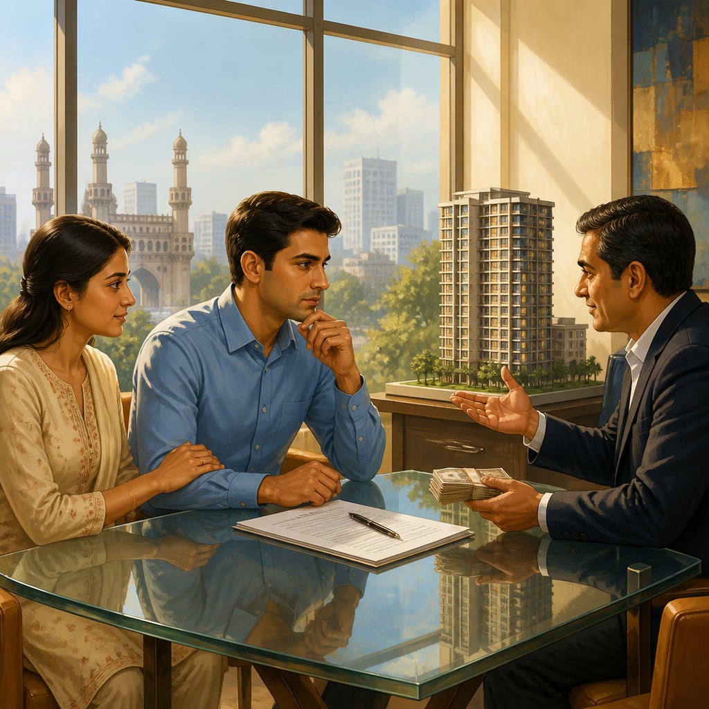 Vikram and his wife in a Hyderabad sales office facing a builder's accountant proposing a cash-component arrangement.