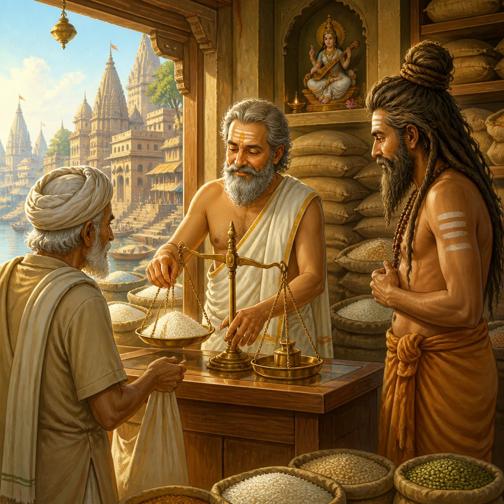 Tuladhara the honest merchant weighing rice on a brass balance scale in his Varanasi shop while sage Jajali watches.