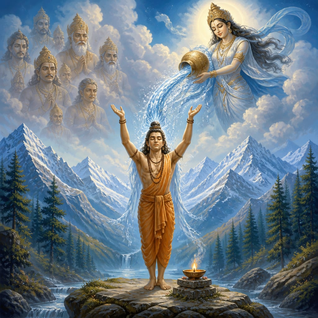Bhagirath in tapas as Ganga descends through his matted hair
