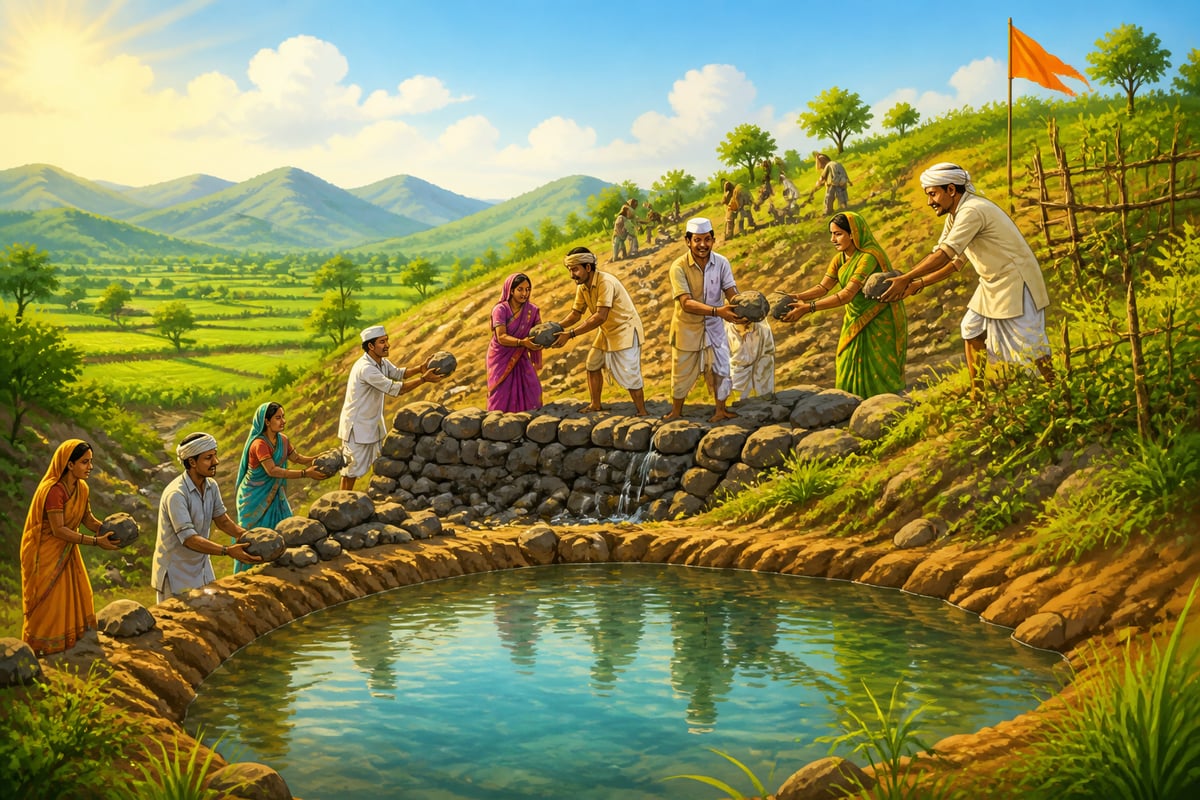 Hiware Bazar villagers building a stone check-dam on a hillside