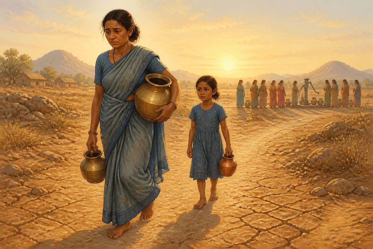 Mallamma walking with a brass pot to a distant hand pump at dawn