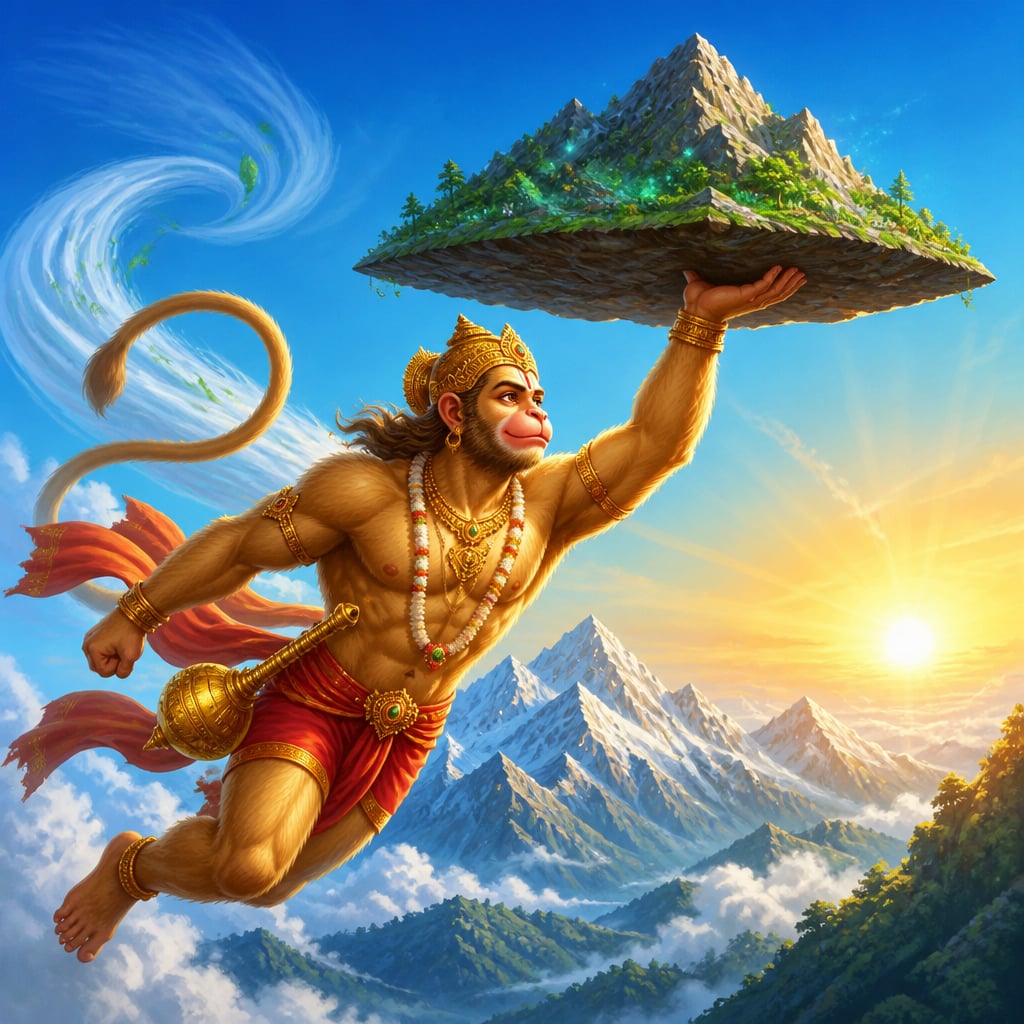 Hanuman carrying the Dronagiri mountain across the sky