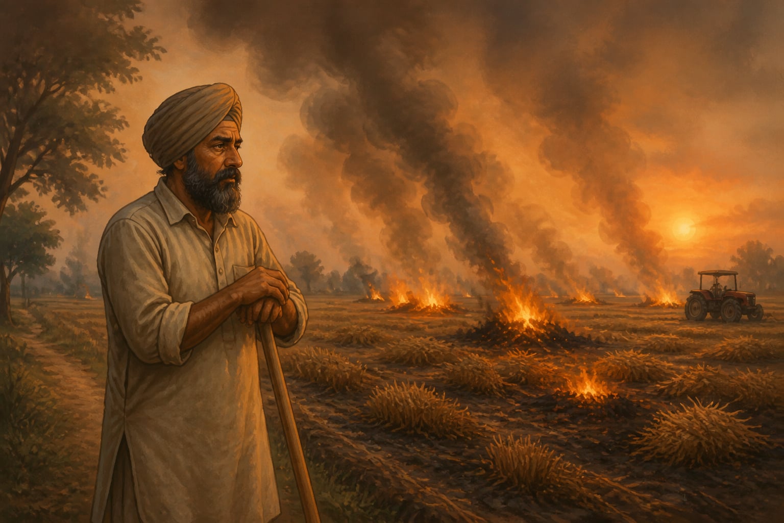 Harjinder Singh watching smoke rise from his burning wheat stubble at dusk