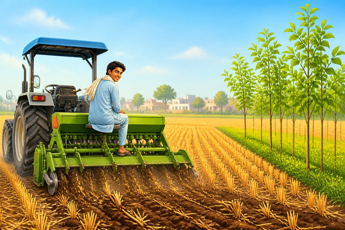A Patauda farmer using a Happy Seeder mulcher across a clean wheat field