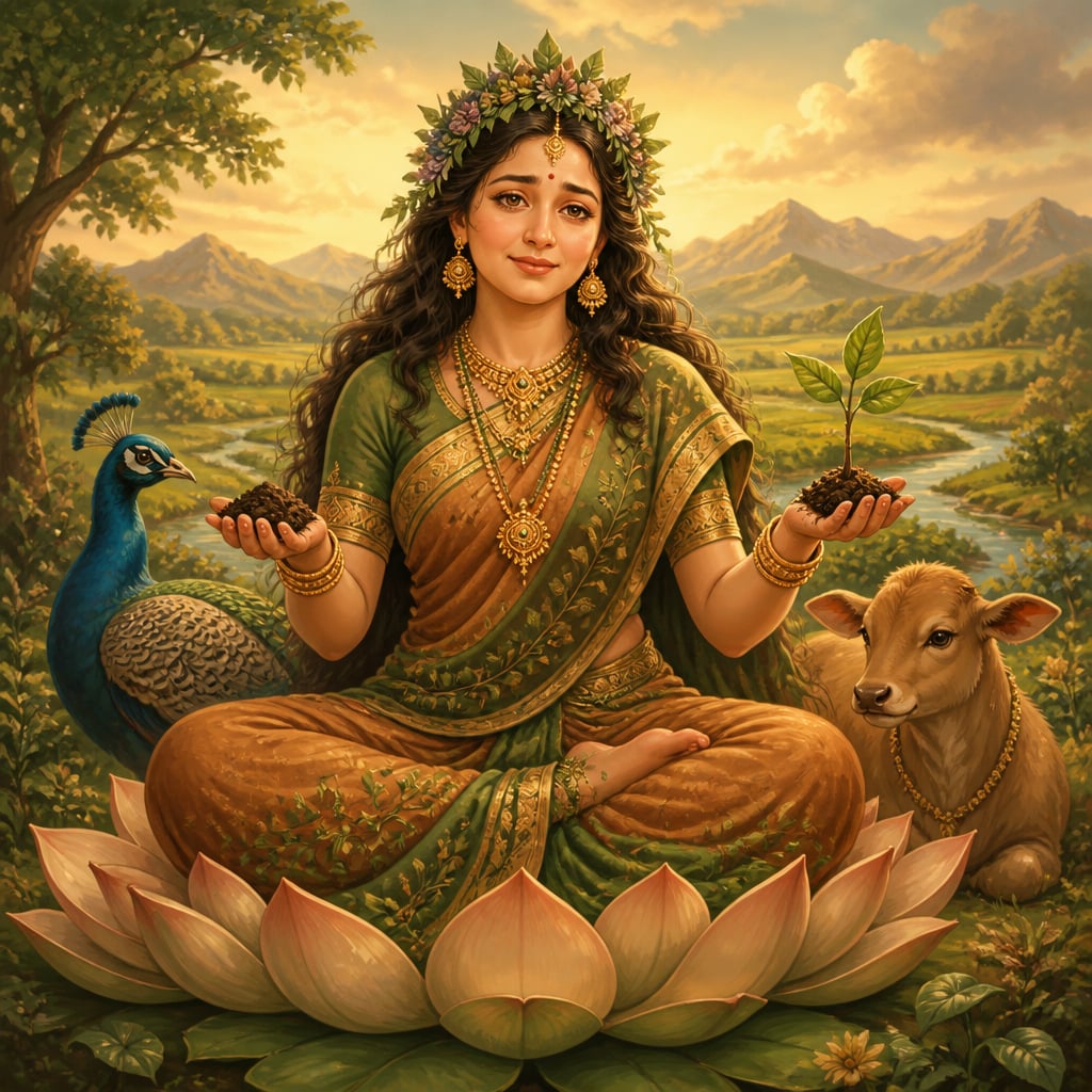 Bhumi Devi seated on a lotus, cradling a green sapling