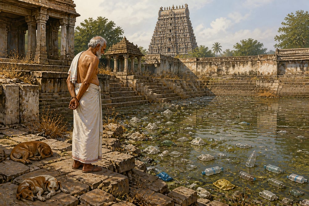 Rajan at the suffocated Varadaraja temple tank choked with plastic