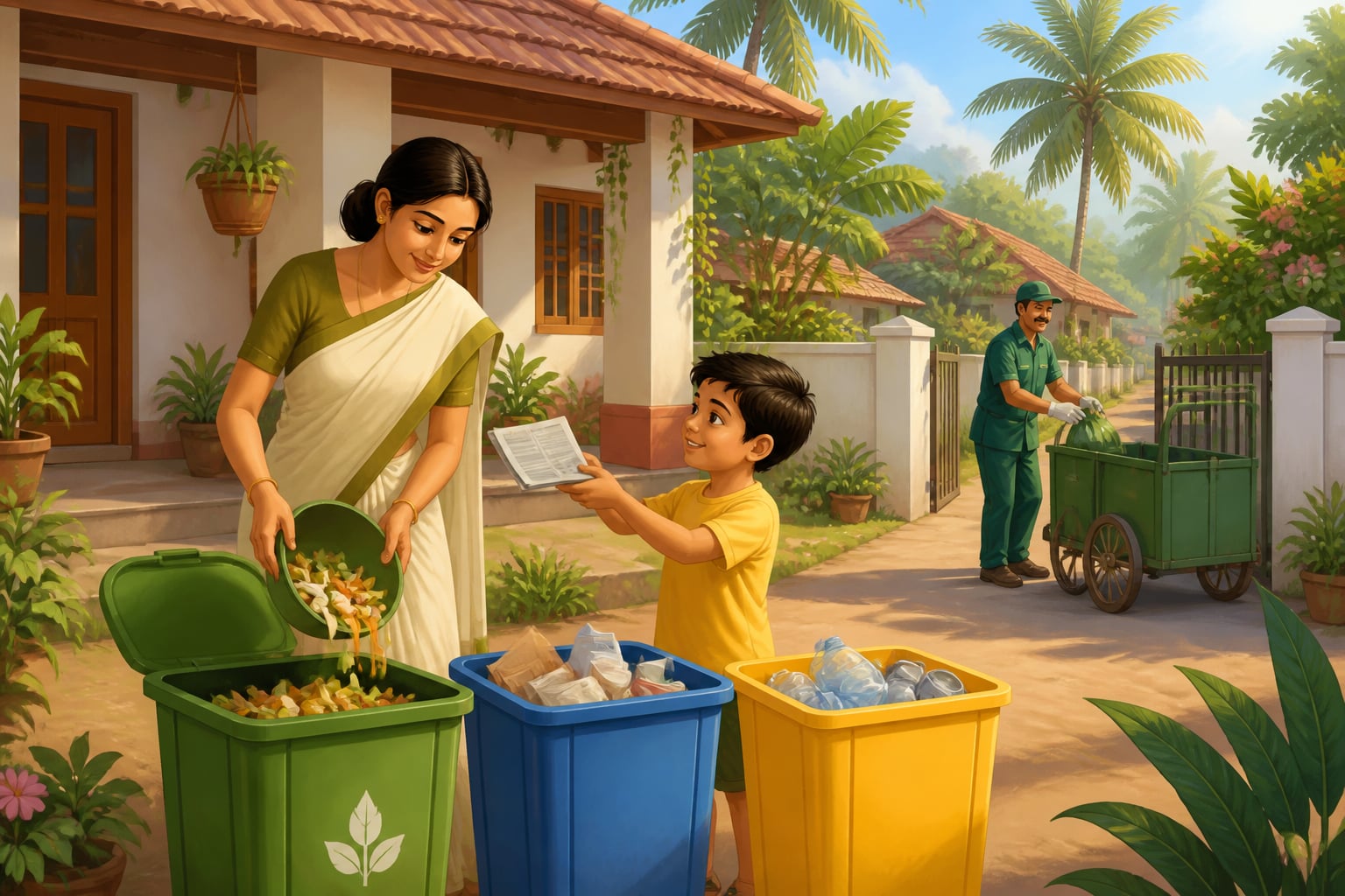 A Vellore household segregating waste into wet, dry, and recyclable bins