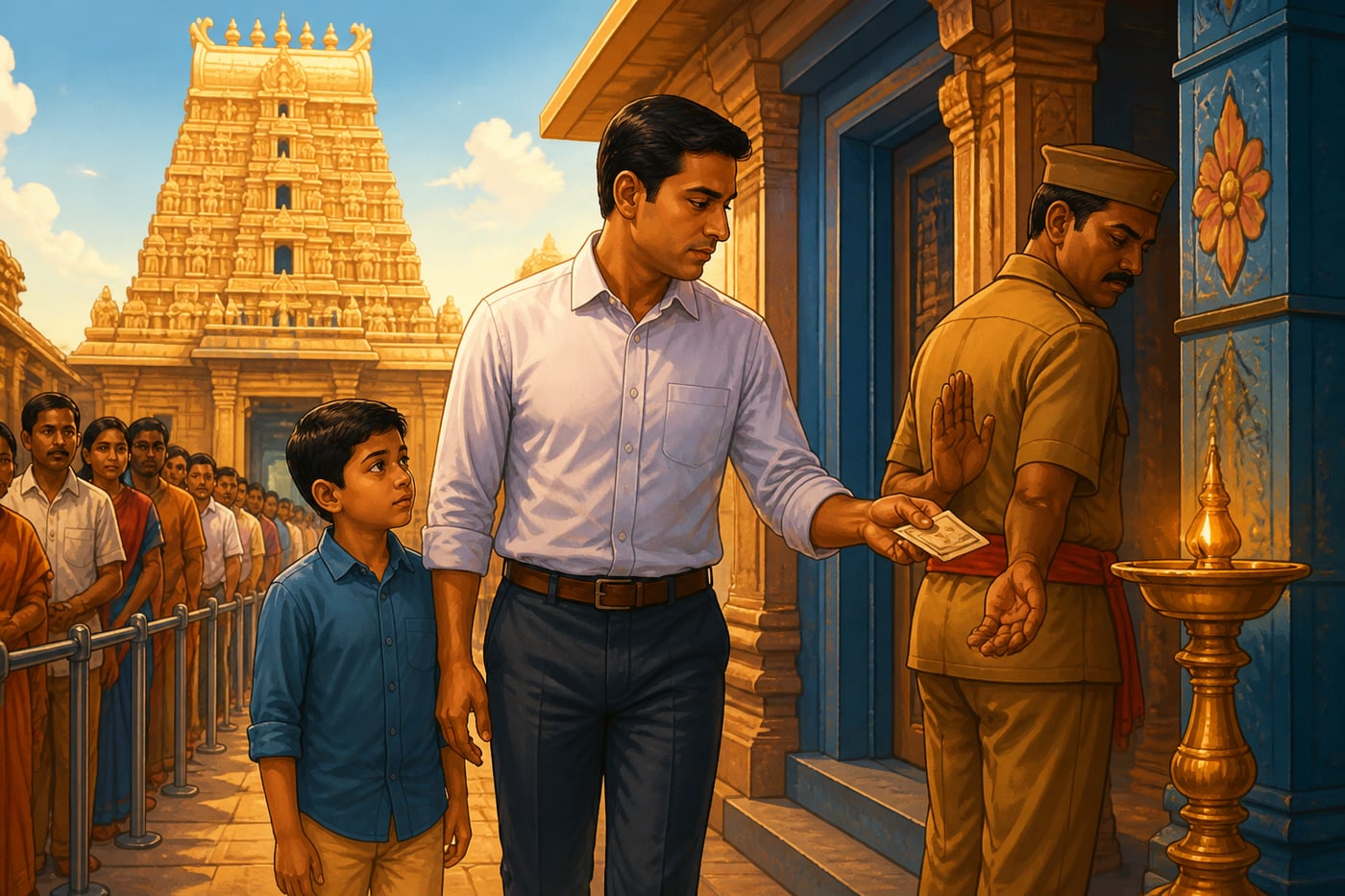 A father cutting a temple queue while his son watches