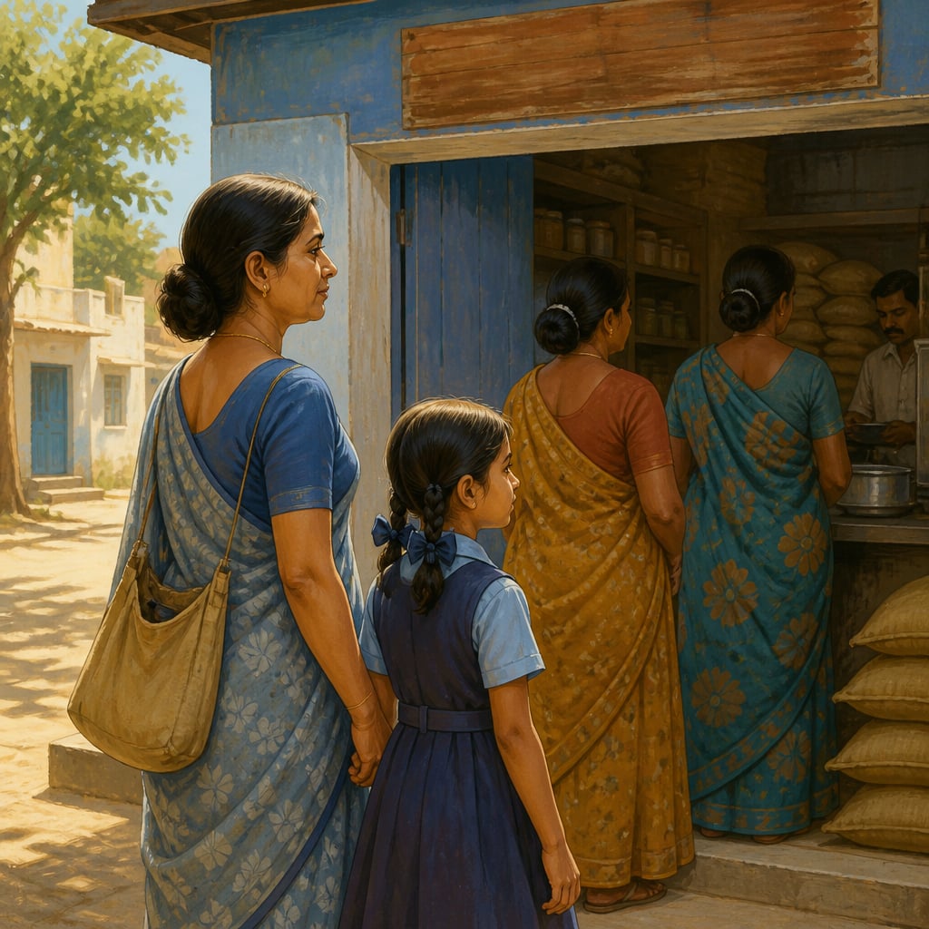 Shanti waits patiently in a ration shop queue with her daughter Meera in a small Tamil Nadu town