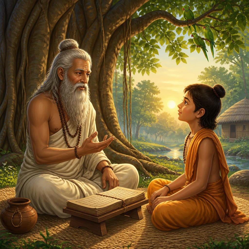 Sage Vyasa teaching his son Shuka the Vedas under a banyan tree at dawn
