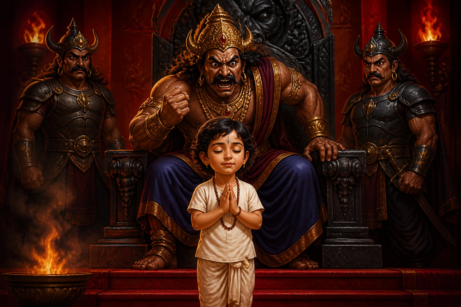 Young Prahlada serene before raging Hiranyakashipu
