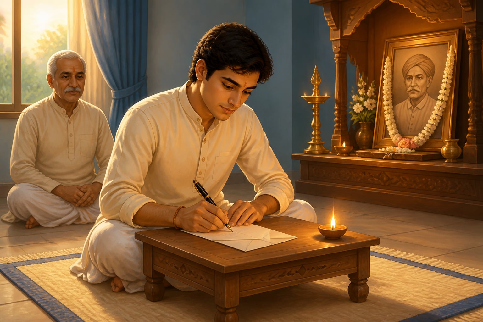 A young adult formally writing a sankalpa by lamplight