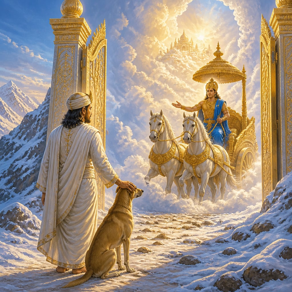 Yudhishthira at the gates of heaven refusing to enter without his loyal dog as Indra waits in his chariot