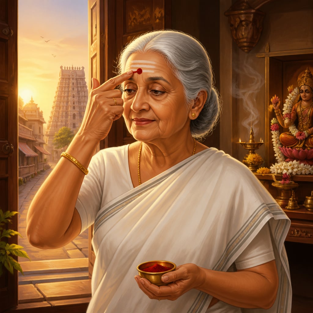 Lakshmi paati at her Madurai doorway applying kumkum