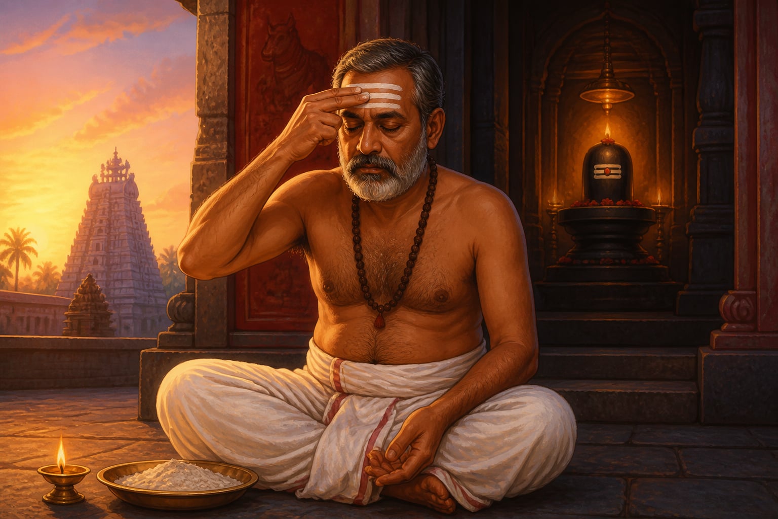 A Shaiva pujari applying tripundra ash at the temple sanctum