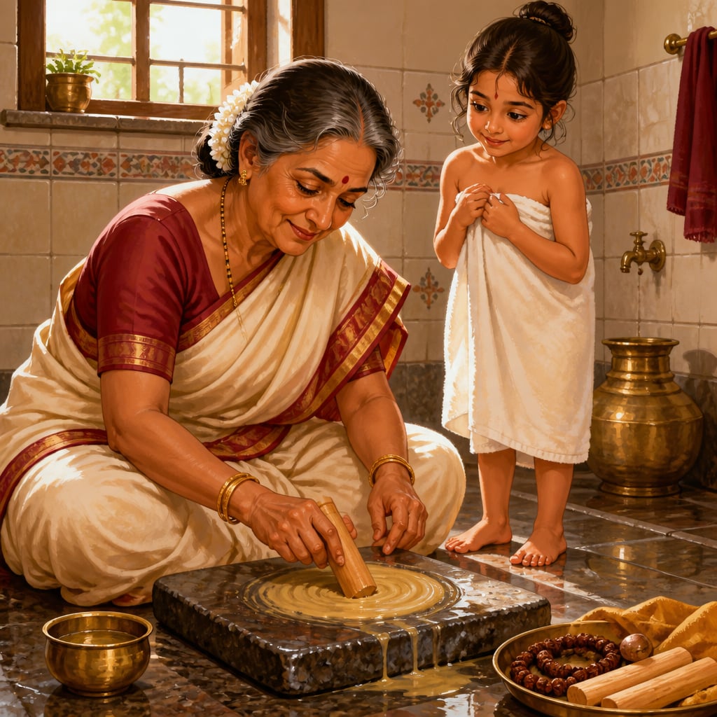 A Marathi aaji rubbing sandalwood on a stone in a Pune bathroom