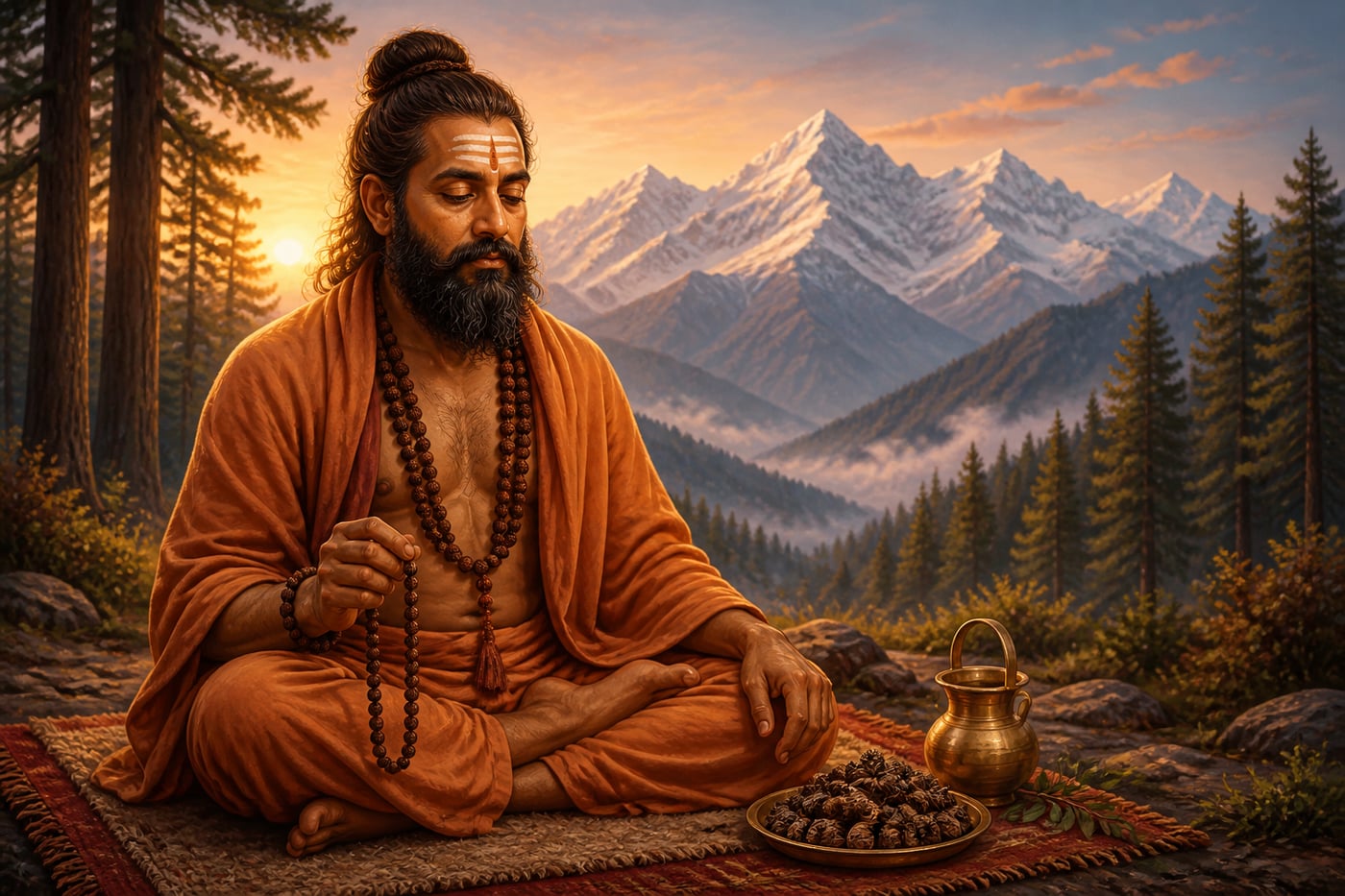 A Shaiva sannyasi with a 108-bead rudraksha mala at dawn