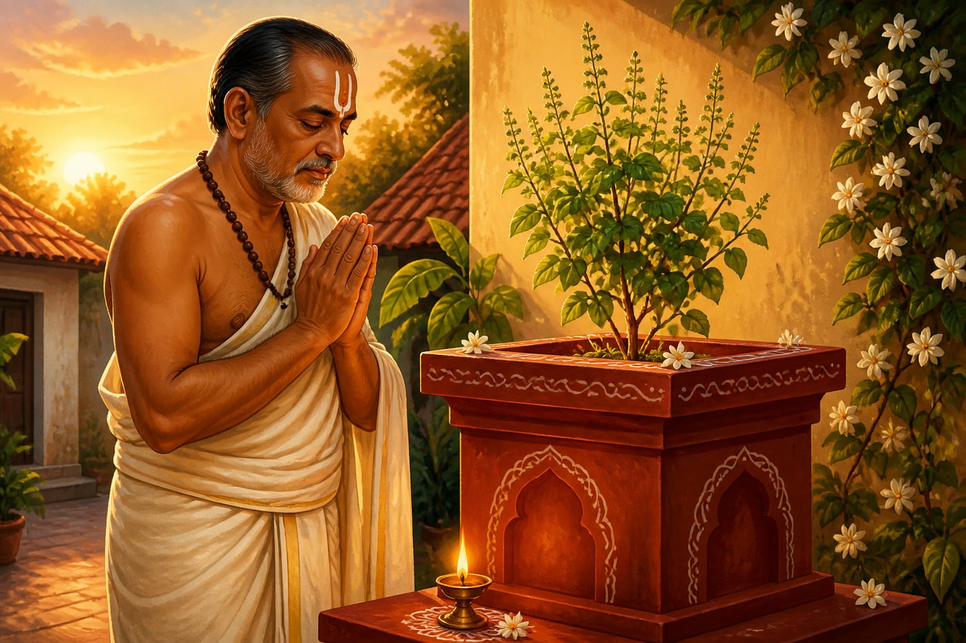 A Vaishnava devotee with tulasi mala beside the tulasi vrindavan