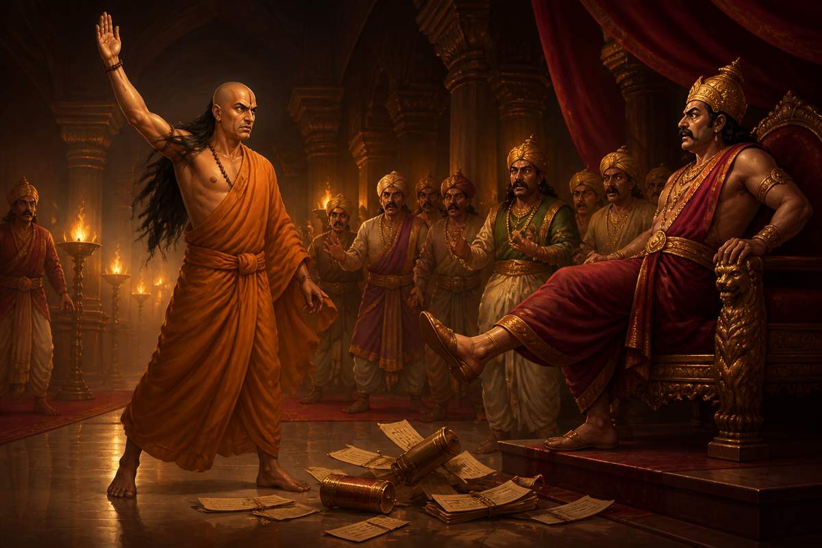 Chanakya with shikha untied taking his vow at the Nanda court