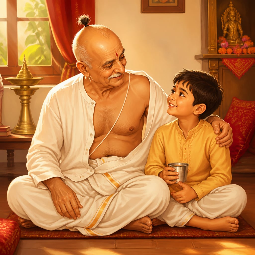 A Pune ajoba with yajnopavita and shikha seated with his grandson