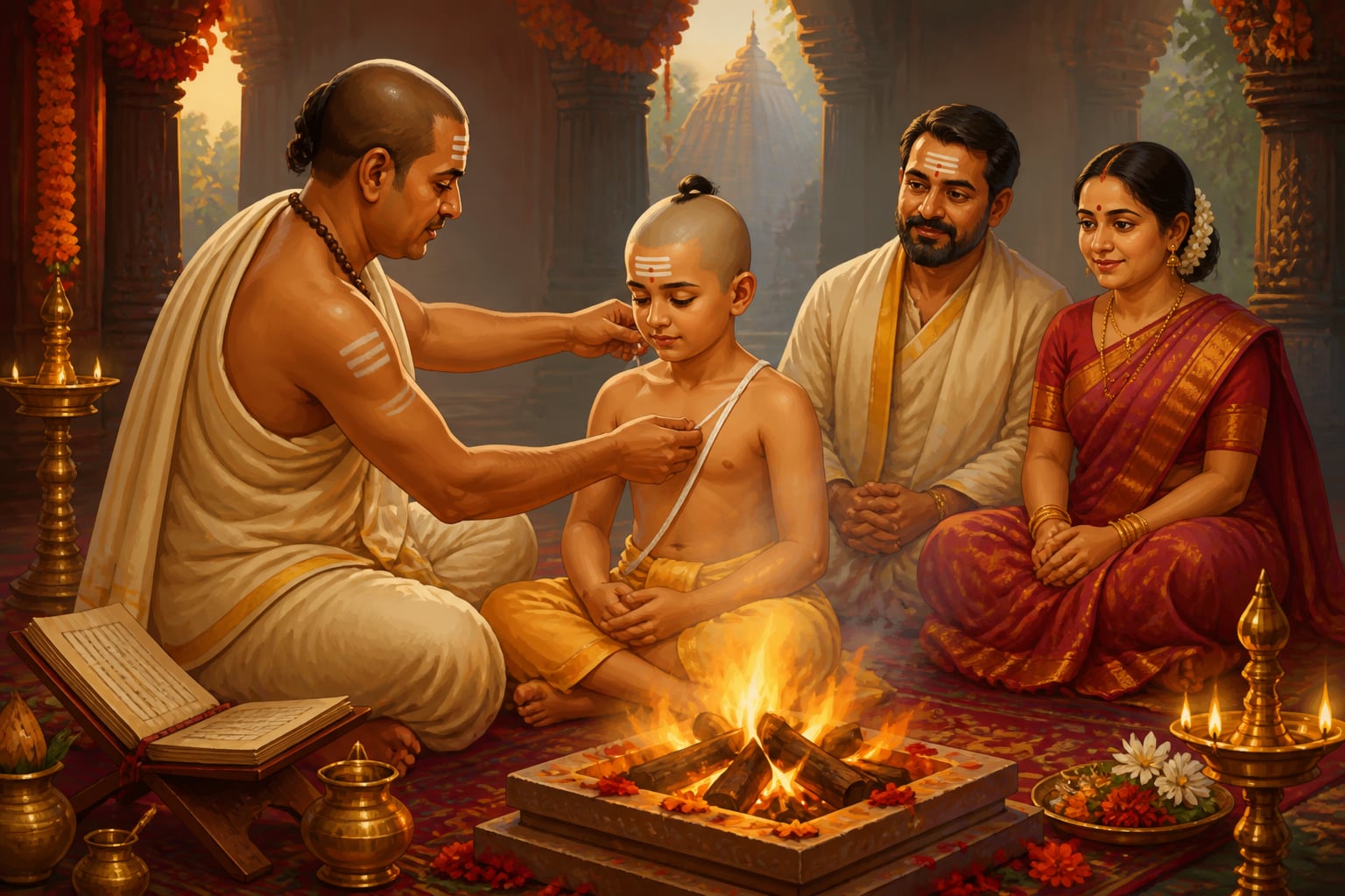 A Brahmin priest placing the sacred thread over a boy at Upanayana