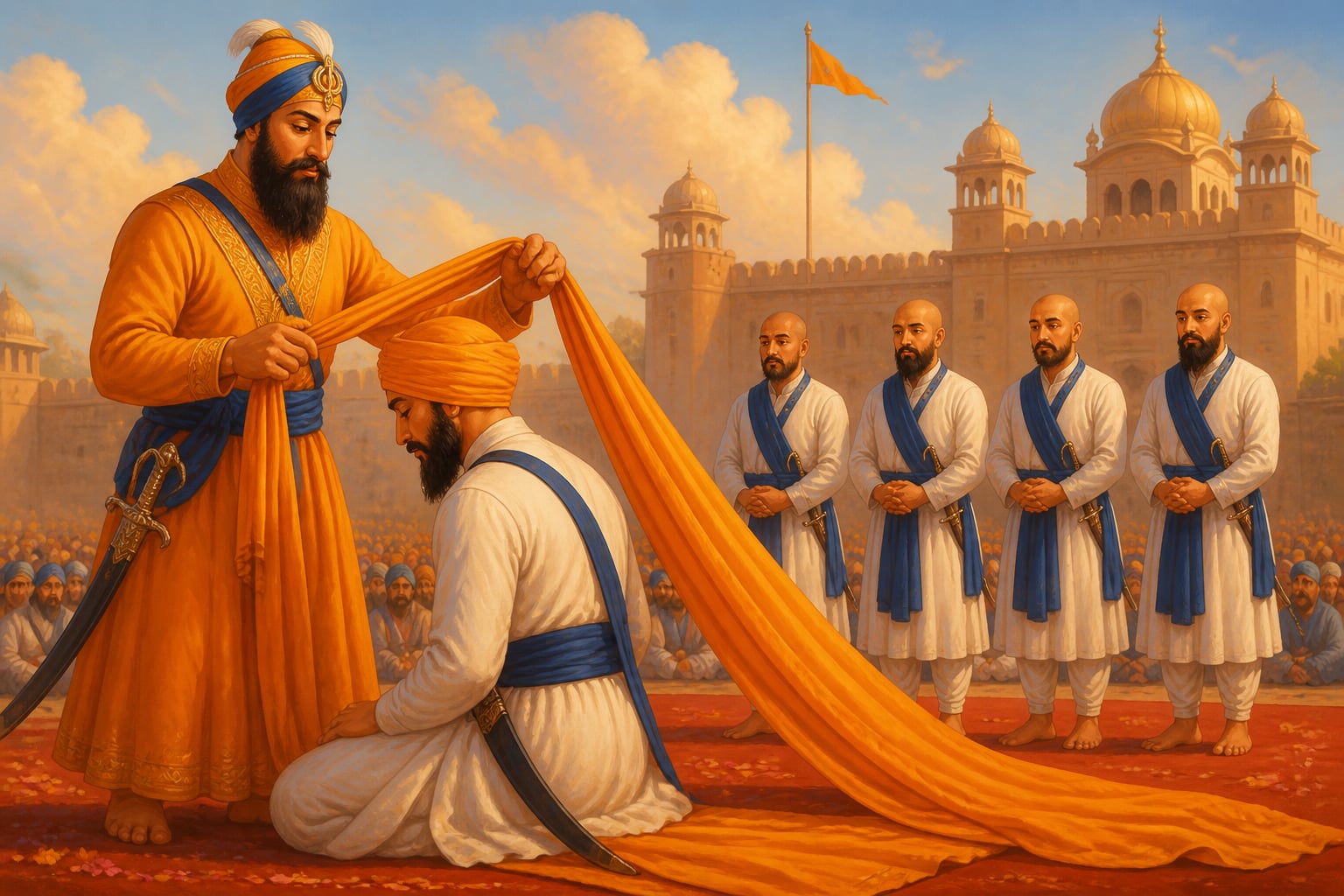 Guru Gobind Singh tying the dastar at Anandpur Sahib 1699