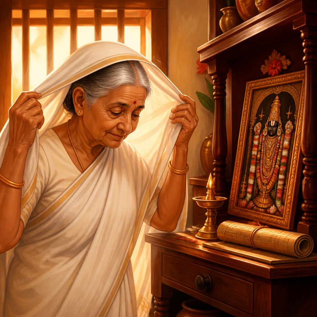 An Andhra grandmother drawing the uparna over her head at the puja shelf