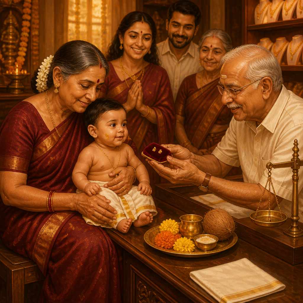 A Kanchipuram goldsmith piercing a baby's ear at Karnavedha